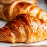 Authentic French croissants on rustic table