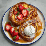croissant French toast casserole with powdered sugar