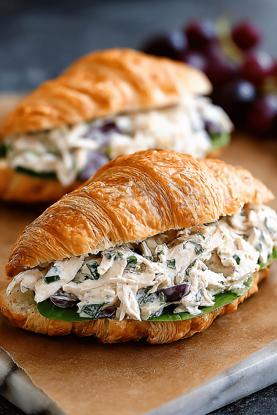 Close-up of chicken salad croissant with leafy greens