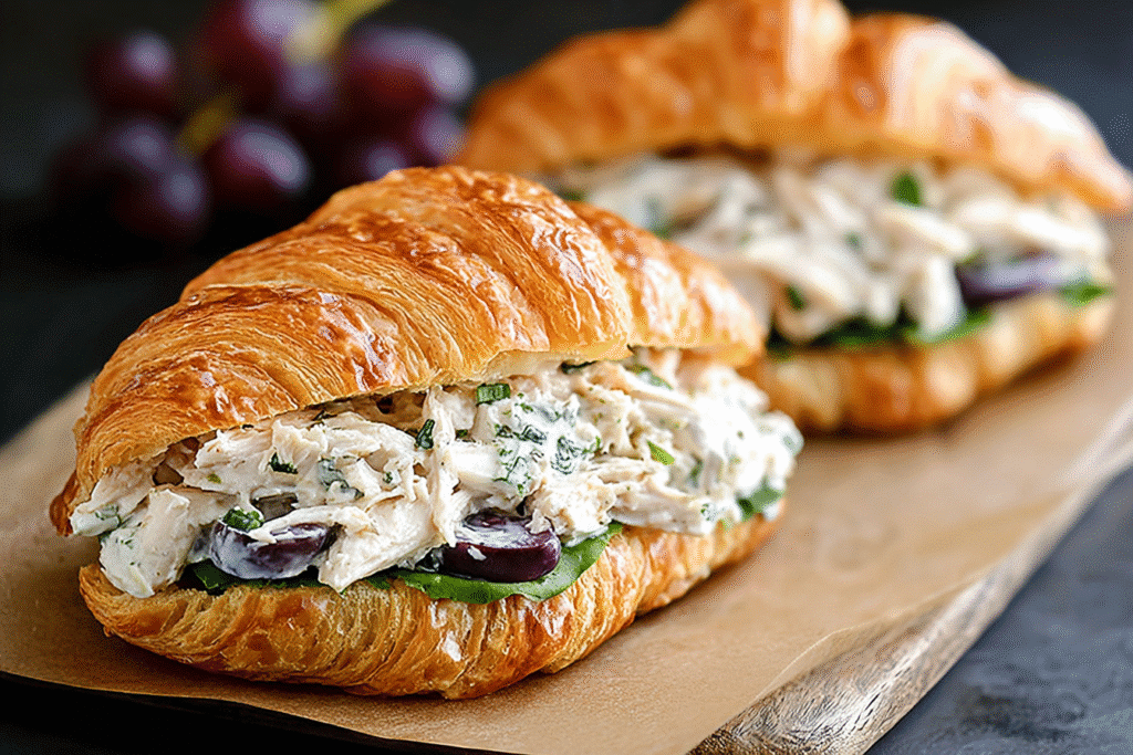 Assorted chicken salad croissants on wooden board