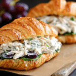 Assorted chicken salad croissants on wooden board