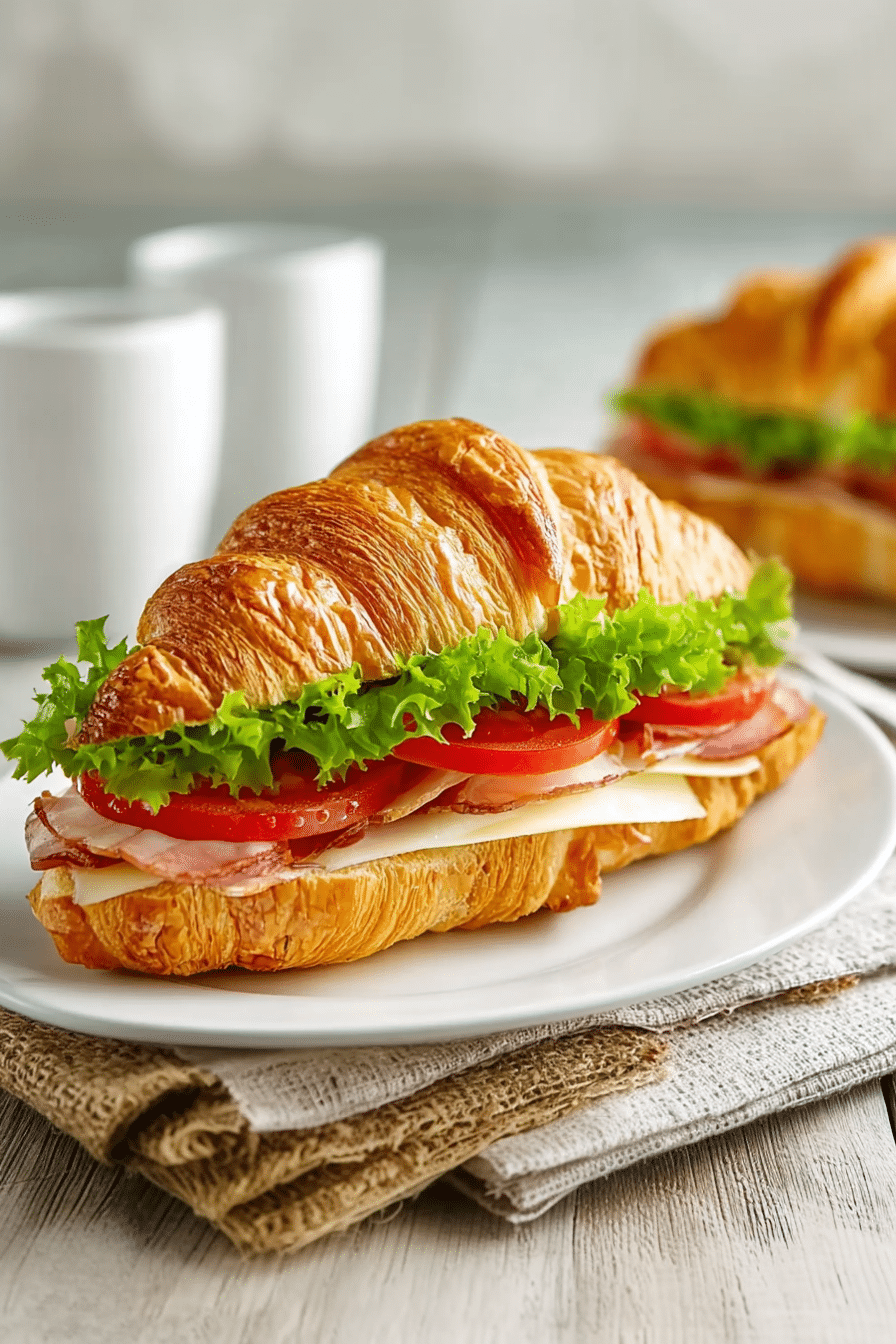 Close-up of a ham and cheese croissant sandwich with melted cheese