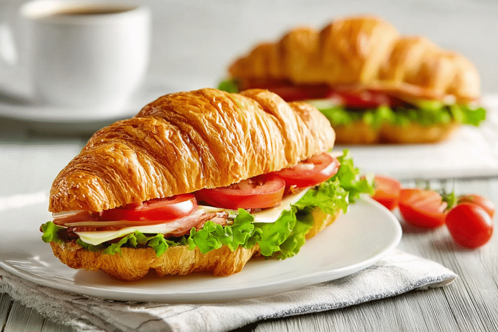 Assorted croissant sandwiches arranged on a rustic wooden board