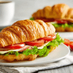 Assorted croissant sandwiches arranged on a rustic wooden board